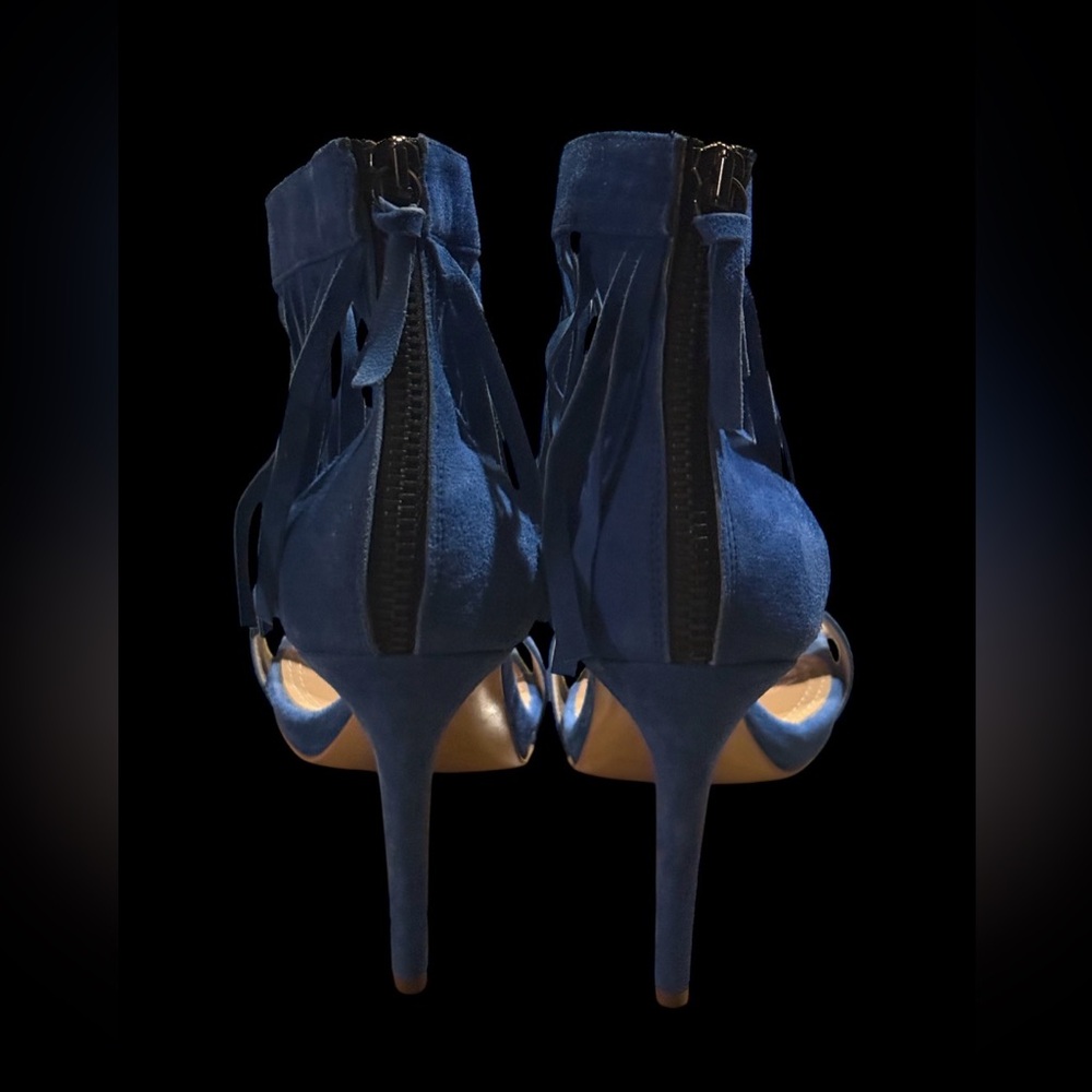 BCBGMaxAzria Blue Suede Fringe Ankle-Strap Heels - Picture 7 of 7